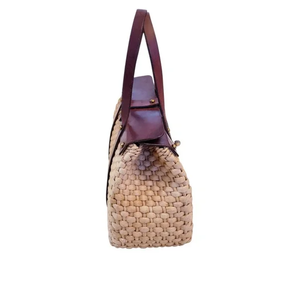 Etienne Aigner Vintage Woven Straw Double Handle Purse, Leather & Brass Details - Picture 6 of 16